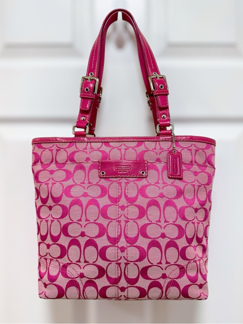 Coach Gallery Tote Bag Signature Pink Jacquard Hot Pink Leather F13077